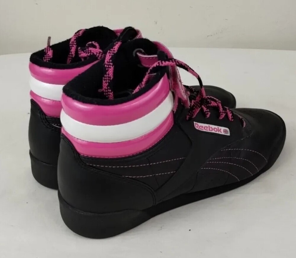 Reebok Freestyle Hi Women High Top Black White Pink Double Strap Sneakers Size 6